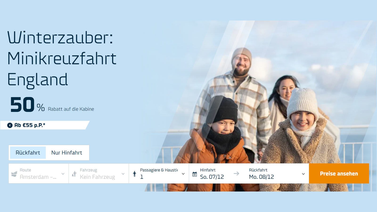 DFDS winteraanbieding met 50% korting naar de minicruise van Amsterdam naar Newcastle.