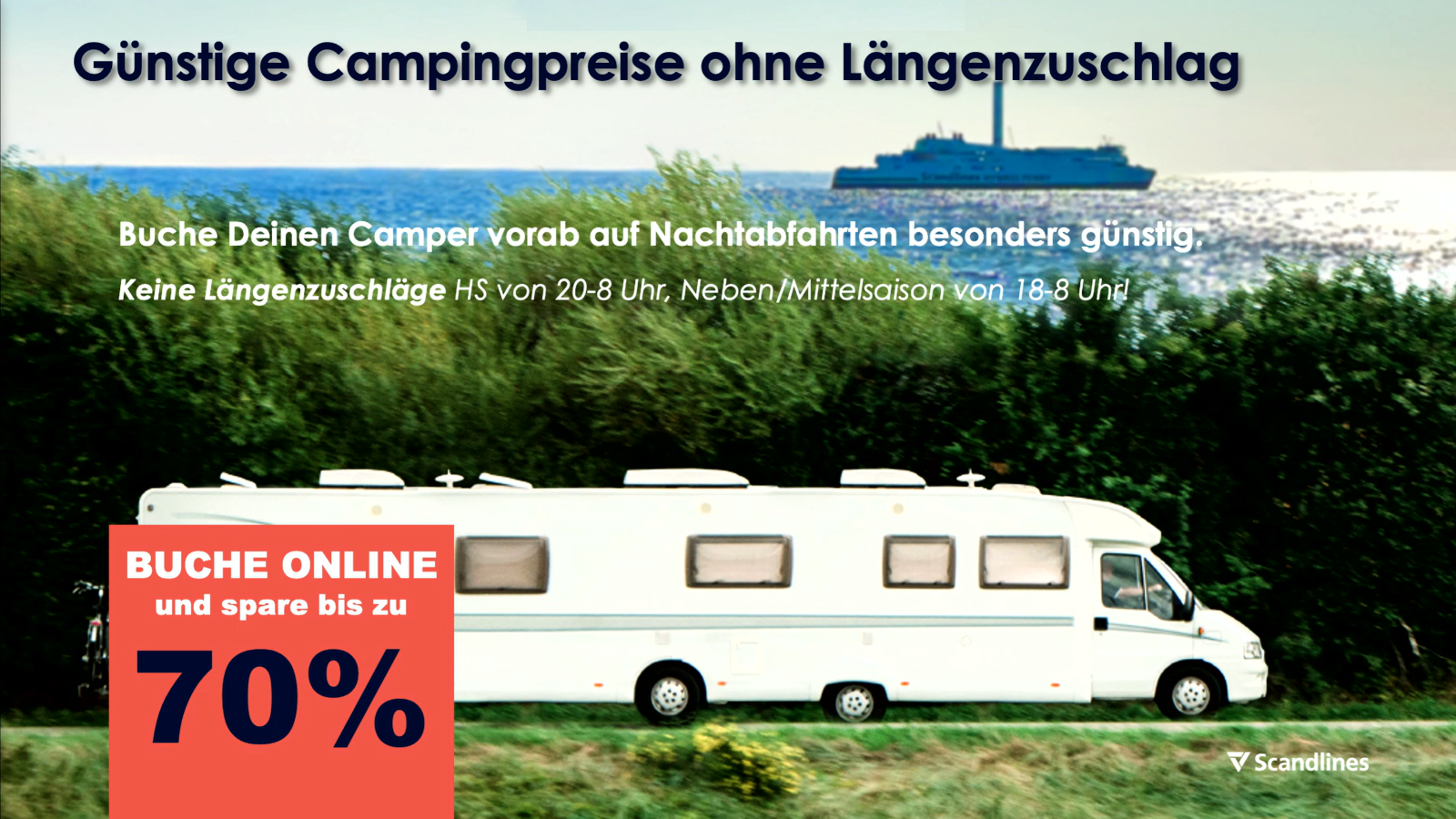 Scandlines Camper Ticket met voordelige prijzen voor campers en auto's met caravans zonder lengtetoeslag.